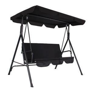 A black 3-person porch swing with a canopy features a metal frame for stability and a comfortable seat. The canopy provides shade, and the swing design allows smooth motion for relaxation.