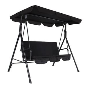 A black 3-person porch swing with a canopy features a metal frame for stability and a comfortable seat. The canopy provides shade, and the swing design allows smooth motion for relaxation.