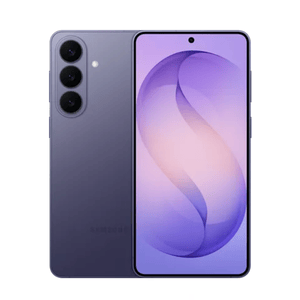 A smartphone with a sleek design, featuring three rear cameras and a central hole-punch front camera on the display. The device appears to be in a purple color.