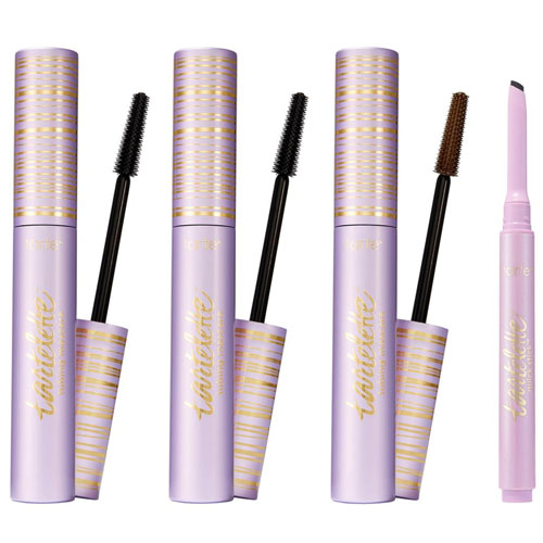 Four violet tubes of mascara with contrasting gold accents, each with a brush applicator, plus an additional retractable tool with an angled tip.