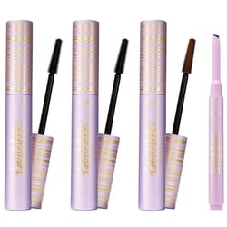 Four violet tubes of mascara with contrasting gold accents, each with a brush applicator, plus an additional retractable tool with an angled tip.