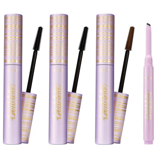 Four violet tubes of mascara with contrasting gold accents, each with a brush applicator, plus an additional retractable tool with an angled tip.