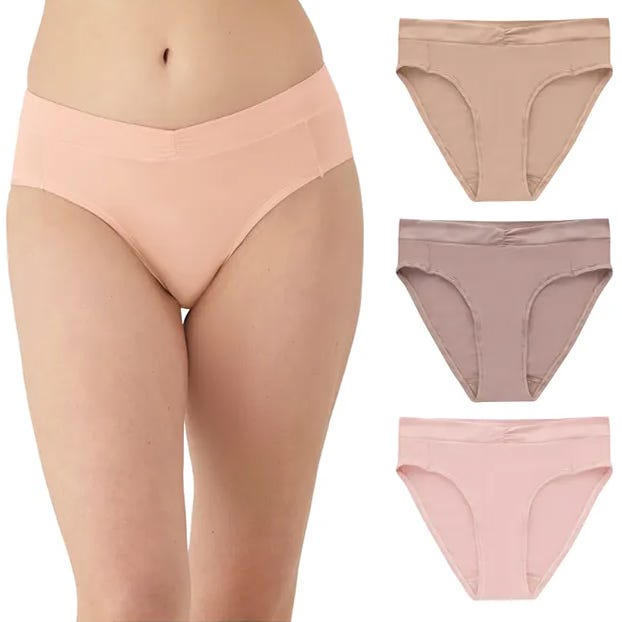 Three pairs of women's underwear in different shades of nude are displayed, along with a model showcasing one pair.