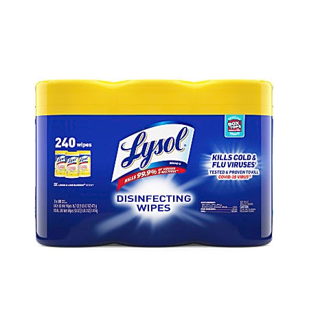 Lysol Disinfecting Wipes, 240-count, designed to kill 99.9% of viruses and bacteria, including cold, flu, and COVID-19 viruses.
