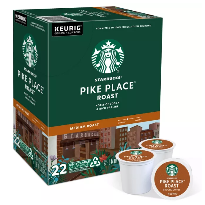 Starbucks Pike Place Roast medium roast coffee in K-Cup pods, featuring notes of cocoa and rich praline, with a package containing 22 recyclable pods for Keurig machines.