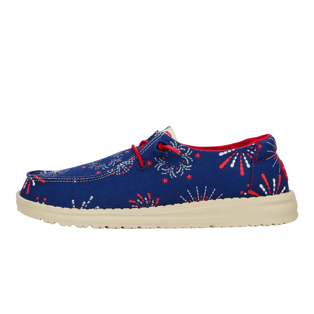 Blue boat shoe with red laces and fireworks/star pattern.