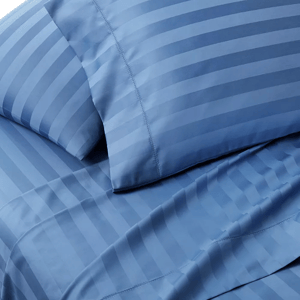 A blue twin-sized sheet set with a striped pattern, made of 550 thread count 100% cotton, including pillowcases.