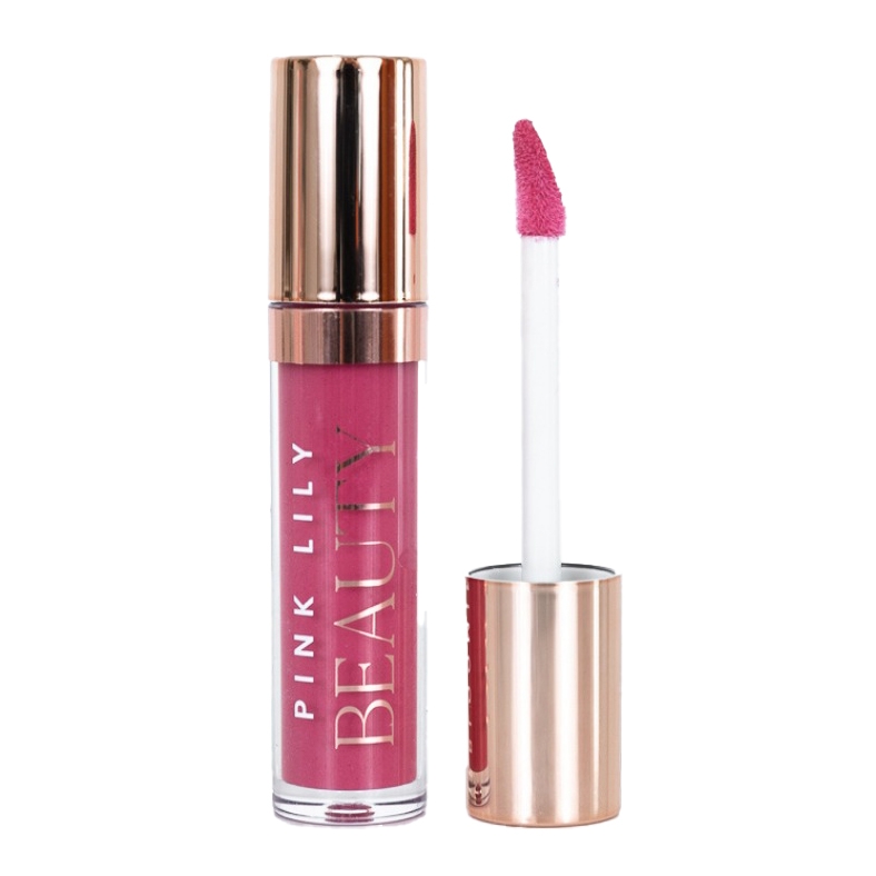 Pink Lily Beauty lip gloss featuring a rose gold cap with an applicator wand.