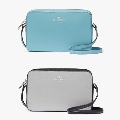 Two Kate Spade crossbody bags in aqua and gray, featuring zip closures and adjustable straps.