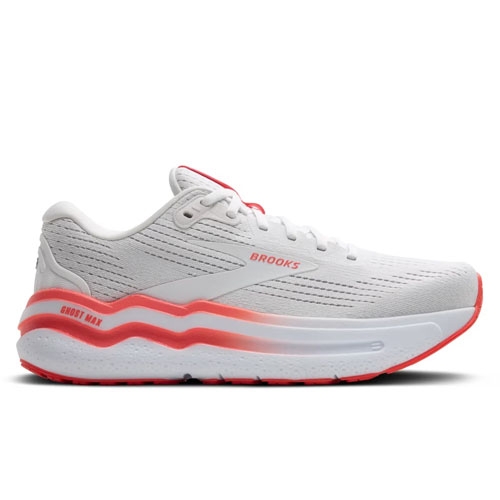 White running shoe with red accents, featuring the brand logo \“Brooks\“ and \“Ghost Max\“ on the side, designed with a cushioned sole and breathable mesh upper.