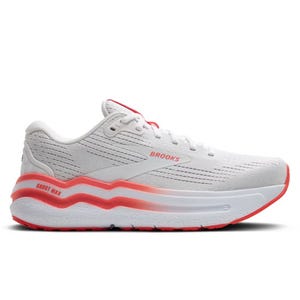 White running shoe with red accents, featuring the brand logo \“Brooks\“ and \“Ghost Max\“ on the side, designed with a cushioned sole and breathable mesh upper.