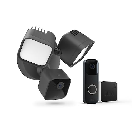 Blink Floodlight Cam + Doorbell includes a floodlight camera, a doorbell camera, and a wireless sync module. The floodlight has adjustable lighting and the setup enables video monitoring and communication at your doorstep.