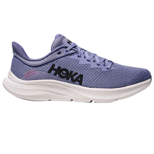 A purple Hoka running shoe featuring a breathable mesh upper, cushioned sole, and the brand logo in black.