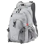 A gray High Sierra backpack with multiple compartments, adjustable straps, side mesh pocket, and front clip closure.