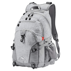 A gray High Sierra backpack with multiple compartments, adjustable straps, side mesh pocket, and front clip closure.