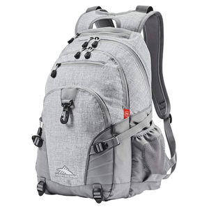 A gray High Sierra backpack with multiple compartments, adjustable straps, side mesh pocket, and front clip closure.