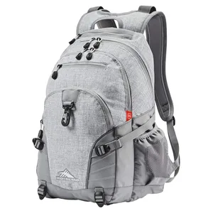 A gray High Sierra backpack with multiple compartments, adjustable straps, side mesh pocket, and front clip closure.