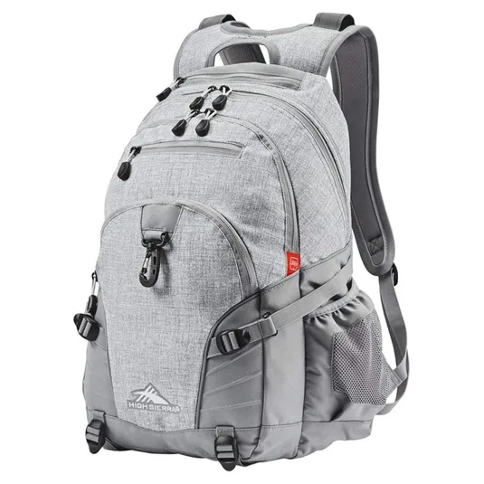 A gray High Sierra backpack with multiple compartments, adjustable straps, side mesh pocket, and front clip closure.