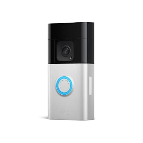 Ring Battery Doorbell Plus with a sleek silver and black design, featuring a camera and an illuminated blue button for video doorbell functionality.