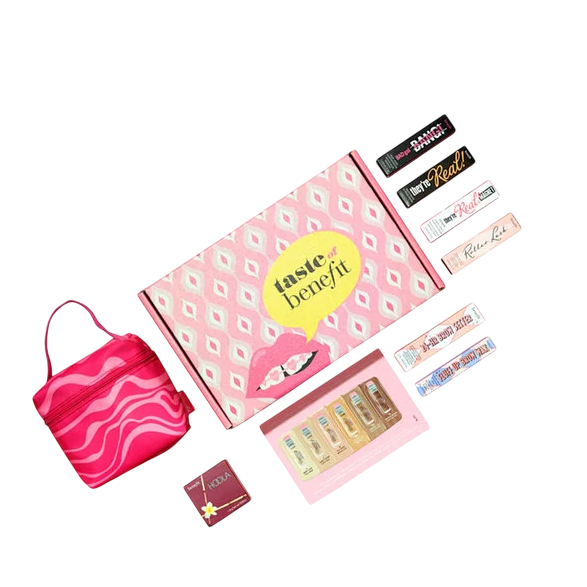Pink box labeled \“Taste of Benefit\“ with cosmetics items including mascaras, lip stains, and powders, plus a small pink bag with a wavy pattern.
