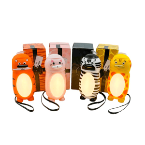 Four animal-themed LED night lights with straps, shaped like a tiger, cat, zebra, and giraffe, are displayed alongside matching gift boxes.