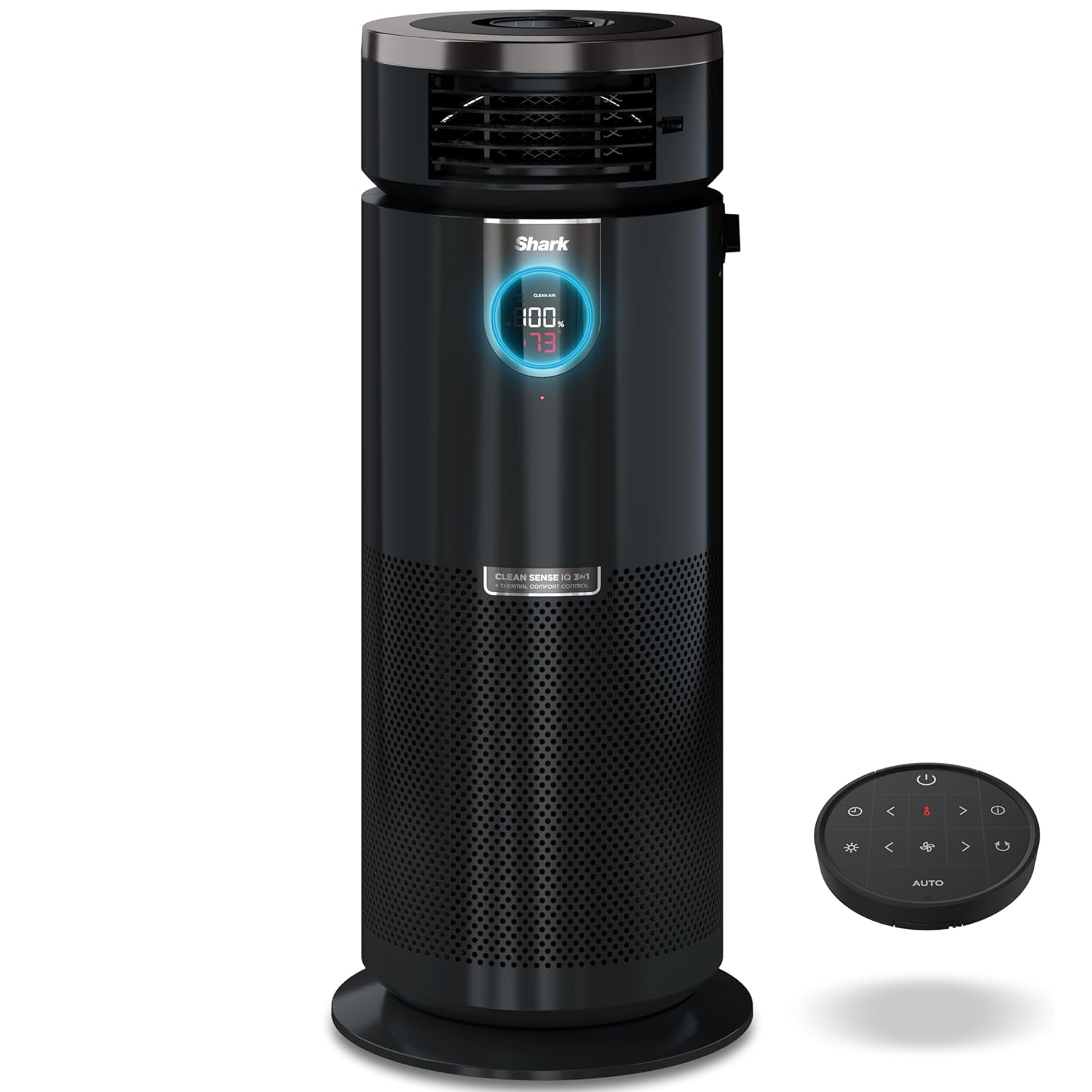 Refurb Shark Heater & Air Purifier is a sleek, black cylindrical device with a digital display, featuring Clean Sense IQ technology, and comes with a remote control for easy operation.