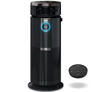Refurb Shark Heater & Air Purifier is a sleek, black cylindrical device with a digital display, featuring Clean Sense IQ technology, and comes with a remote control for easy operation.