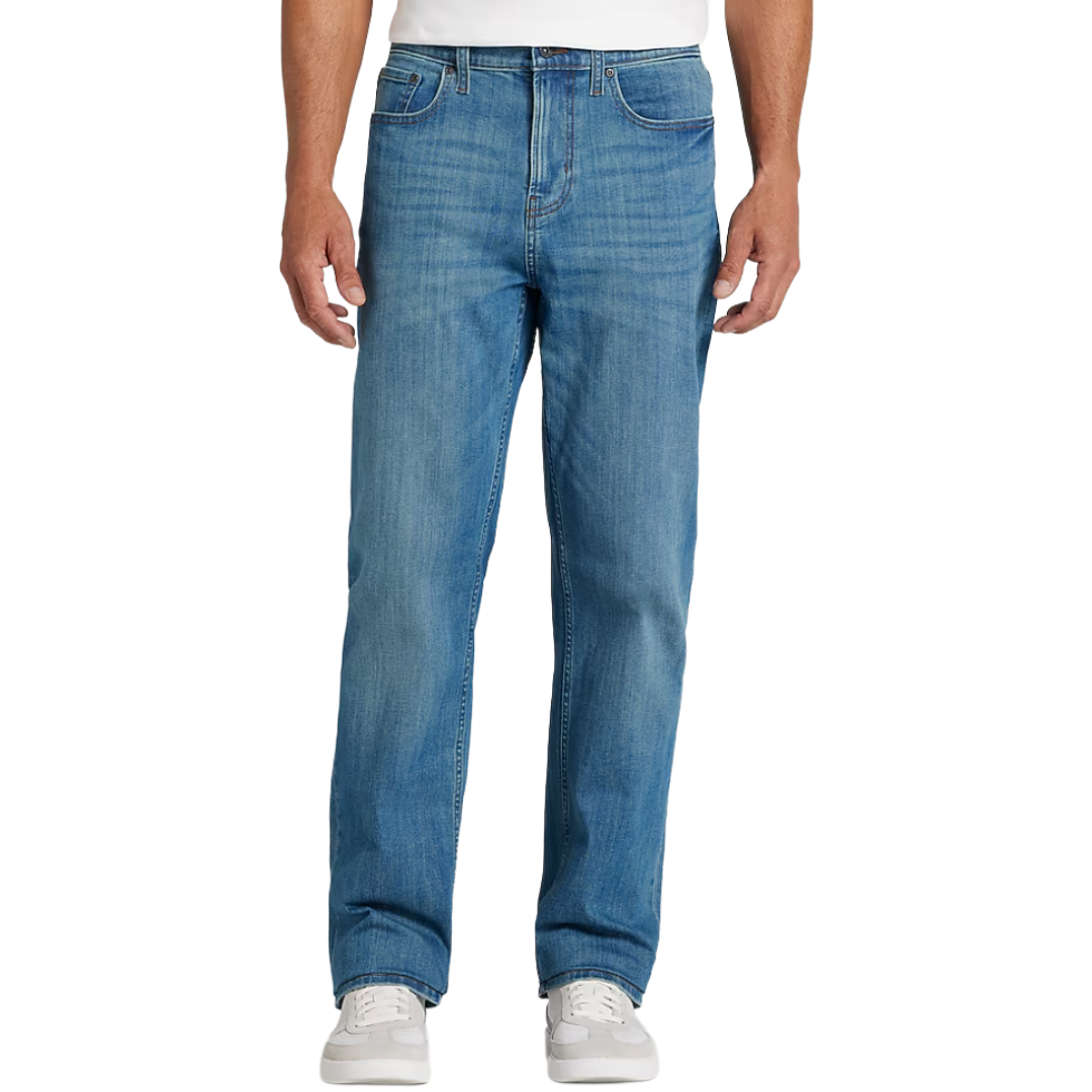 Blue straight-leg jeans worn by a person with white sneakers.