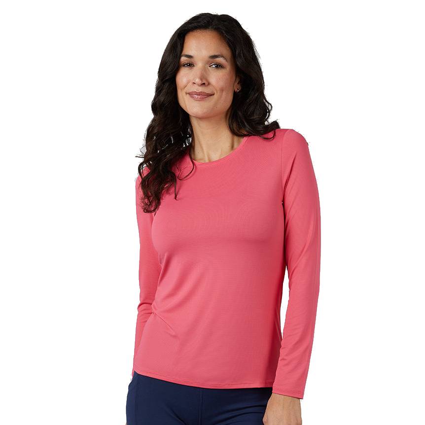 A person is wearing a long-sleeve, pink top with a crew neckline, paired with dark pants.