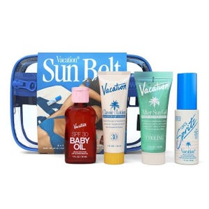 Vacation Sun Belt kit includes SPF 30 Baby Oil, Classic Lotion, After Sun Gel, and Super Spritz SPF 50 Spray, with each product in a 1 fl oz size.