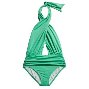 Green one-piece swimsuit with a halter neck and ruched midsection.