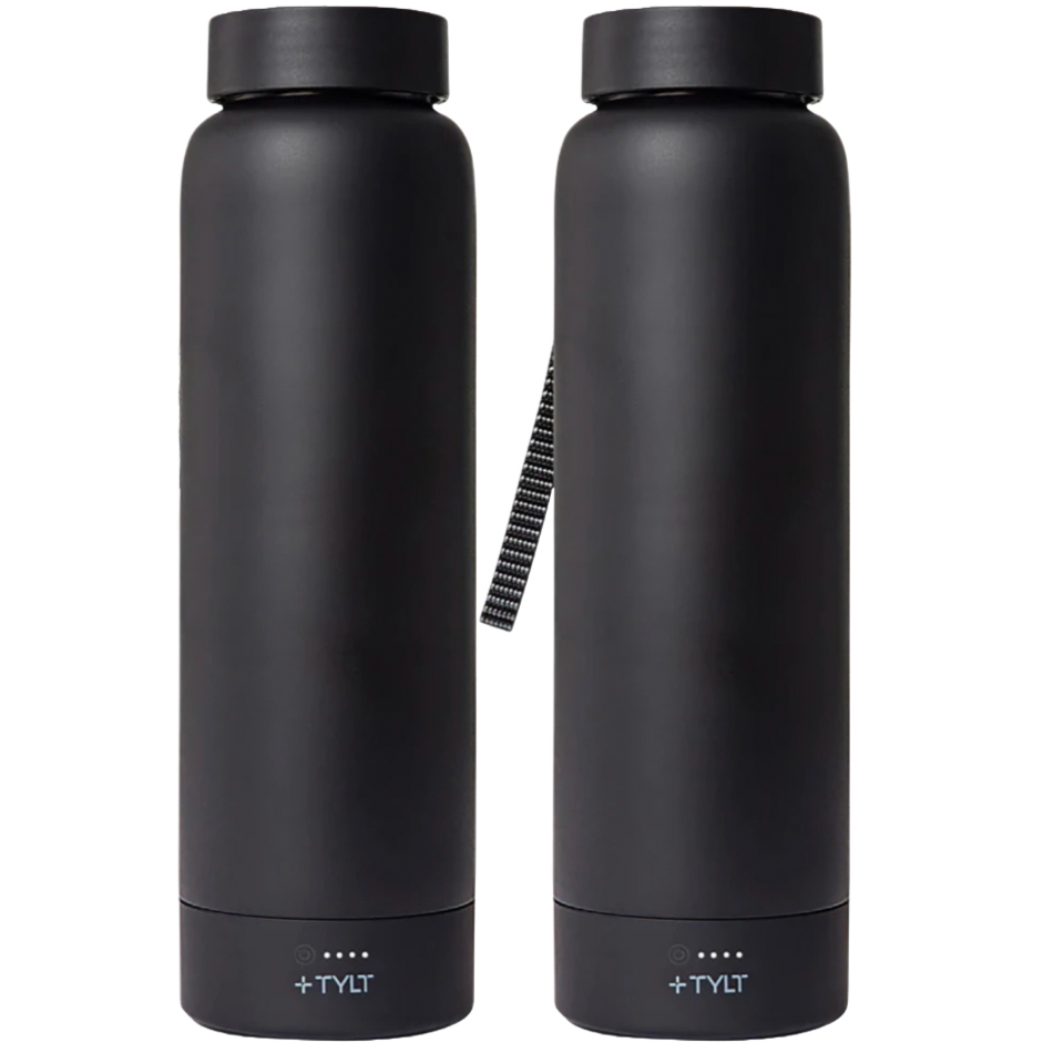 Two black 24oz bottles, each with a built-in power bank and a carrying strap. The power bank section features LED indicators and the brand \“TYLT\“ is visible at the base.