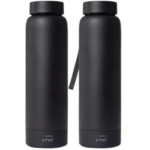 Two black 24oz bottles, each with a built-in power bank and a carrying strap. The power bank section features LED indicators and the brand \“TYLT\“ is visible at the base.