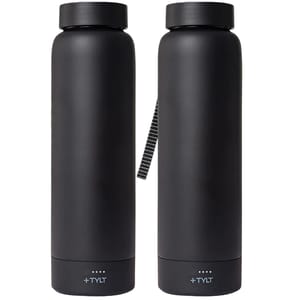 Two black 24oz bottles, each with a built-in power bank and a carrying strap. The power bank section features LED indicators and the brand \“TYLT\“ is visible at the base.