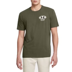 Olive green short-sleeve T-shirt with a small Under Armour logo and \“Crew\“ text on the left chest, paired with light beige pants.