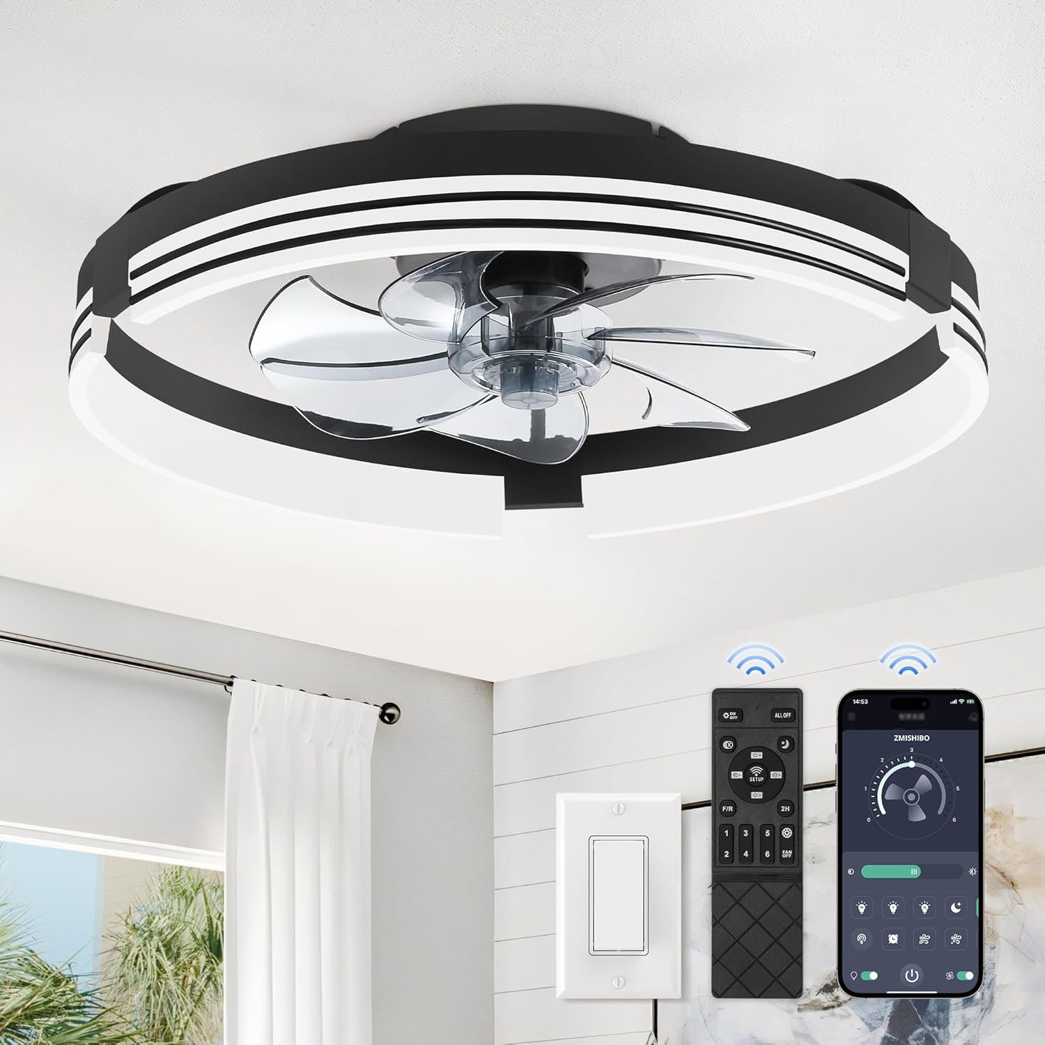 Low-profile ceiling fan with integrated LED light, featuring sleek blades and a modern design. Comes with a remote control and smartphone app for easy operation.