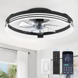 Low-profile ceiling fan with integrated LED light, featuring sleek blades and a modern design. Comes with a remote control and smartphone app for easy operation.