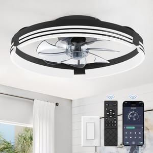 Low-profile ceiling fan with integrated LED light, featuring sleek blades and a modern design. Comes with a remote control and smartphone app for easy operation.