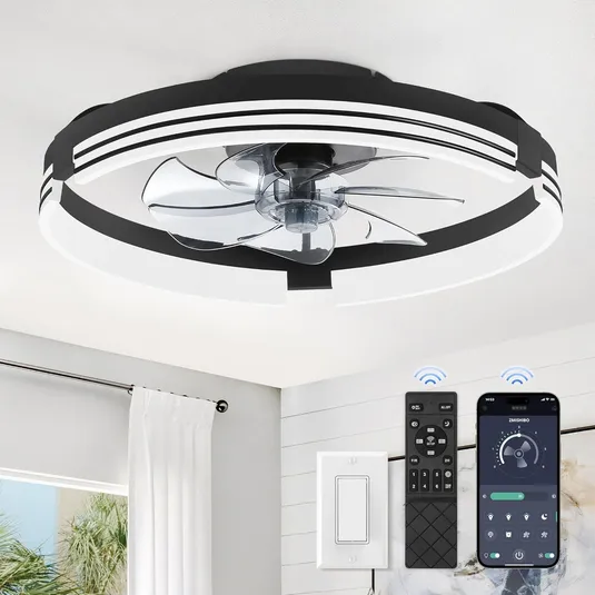 Low-profile ceiling fan with integrated LED light, featuring sleek blades and a modern design. Comes with a remote control and smartphone app for easy operation.