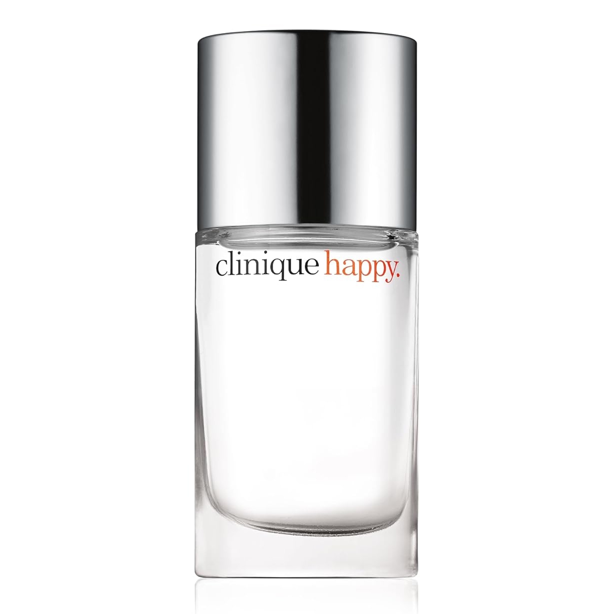 Clinique Happy Perfume features a clear bottle with a silver cap, displaying the brand name in black and orange text.