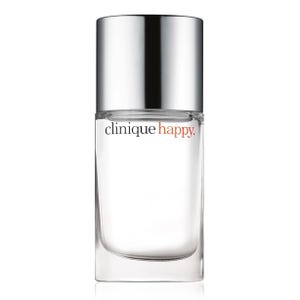 Clinique Happy Perfume features a clear bottle with a silver cap, displaying the brand name in black and orange text.
