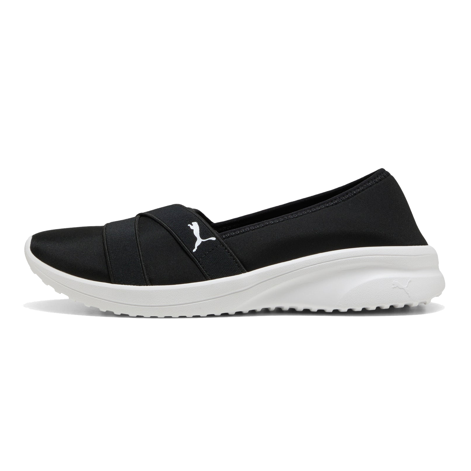 Black slip-on shoe with white sole, featuring a logo on the side.