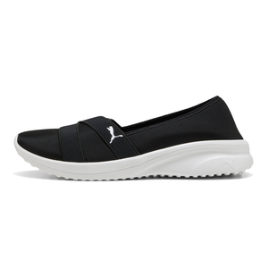 Black slip-on shoe with white sole, featuring a logo on the side.