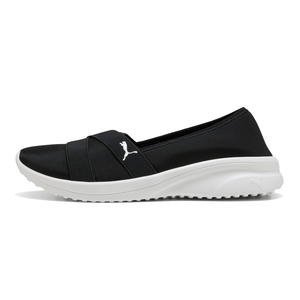 Black slip-on shoe with white sole, featuring a logo on the side.