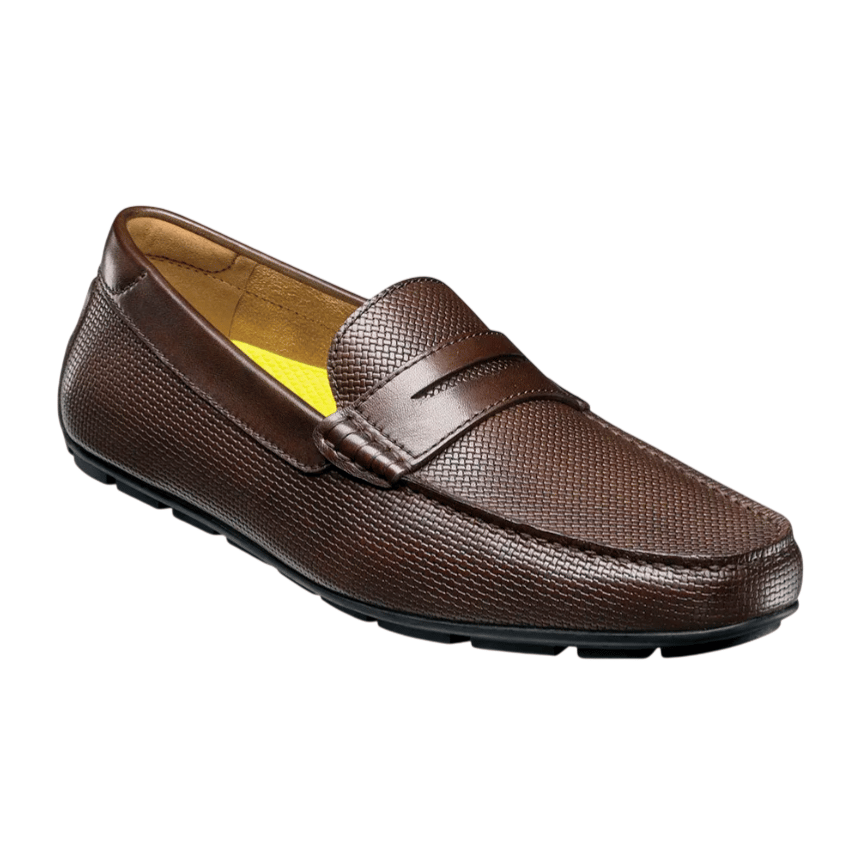 Brown textured penny loafer with a slip-on design, featuring a round toe and black sole.