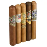 Five Gurkha cigars are laid side by side, each with a distinct decorative band showcasing the Gurkha brand logo and varying color schemes and designs.