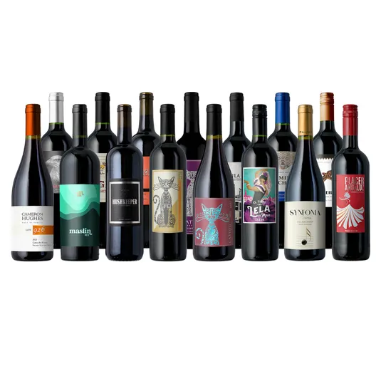 A collection of various red wine bottles with diverse labels featuring artistic designs, including brands like Cameron Hughes, Maslin, Husk Keeper, and Synonia, among others.