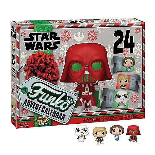 A Funko Advent Calendar with a Star Wars theme, featuring 24 mini pocket-sized Pop! vinyl figures, includes characters like Darth Vader and Stormtroopers in holiday attire.