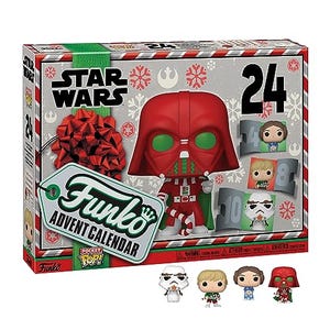 A Funko Advent Calendar with a Star Wars theme, featuring 24 mini pocket-sized Pop! vinyl figures, includes characters like Darth Vader and Stormtroopers in holiday attire.