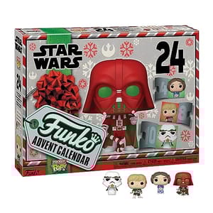 A Funko Advent Calendar with a Star Wars theme, featuring 24 mini pocket-sized Pop! vinyl figures, includes characters like Darth Vader and Stormtroopers in holiday attire.